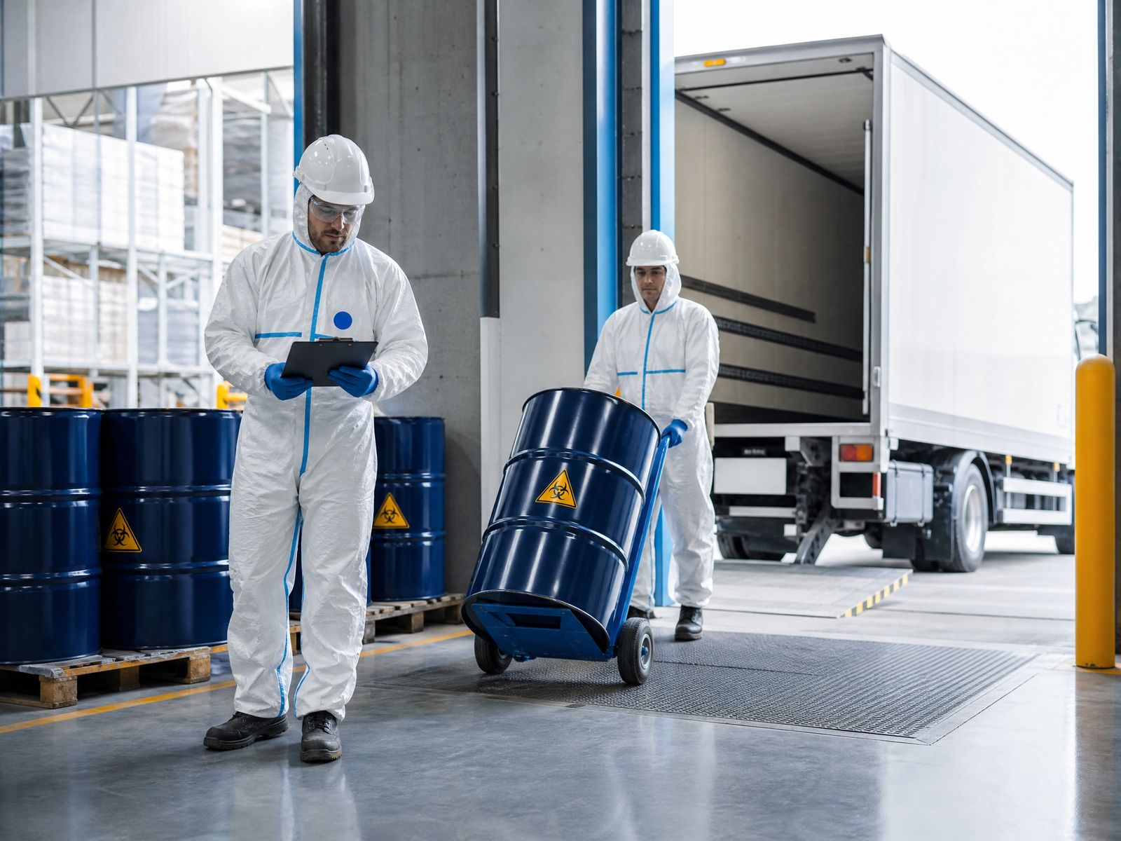 Professional hazardous material removal crew in white protective suits moving labeled hazardous waste drums onto a certified transport truck at a commercial facility in Lancaster, California