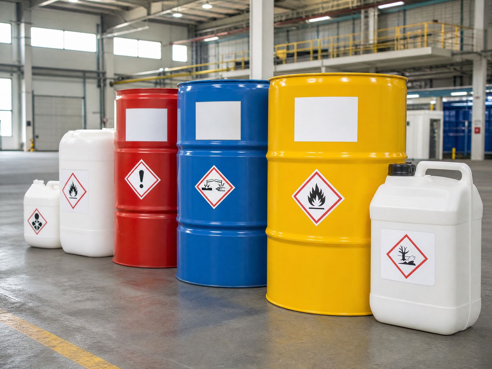 Properly labeled hazardous waste containers and drums in a staging area, representing compliant hazardous waste management in Lancaster, California