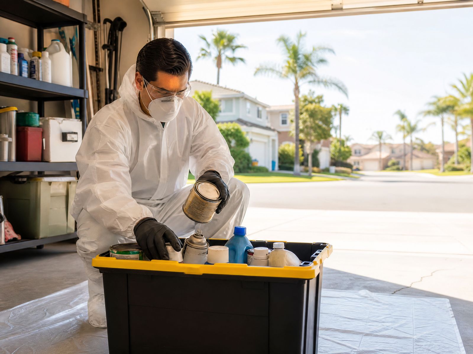 Hazardous waste removal team in white protective suits removing old paint cans and chemicals from a residential garage in Lancaster, California